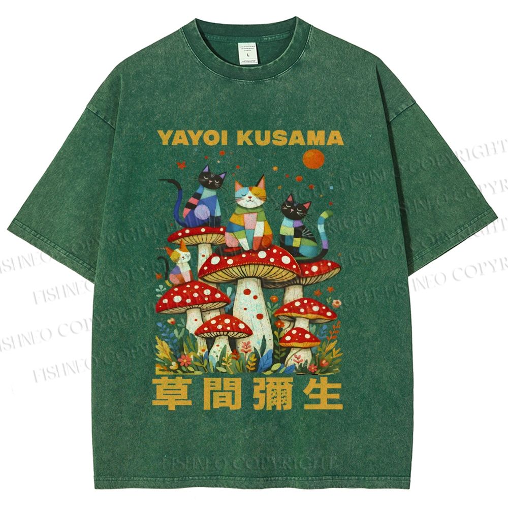 Unisex Yayoi Kusama Cats on Mushrooms Printed Washed Tee
