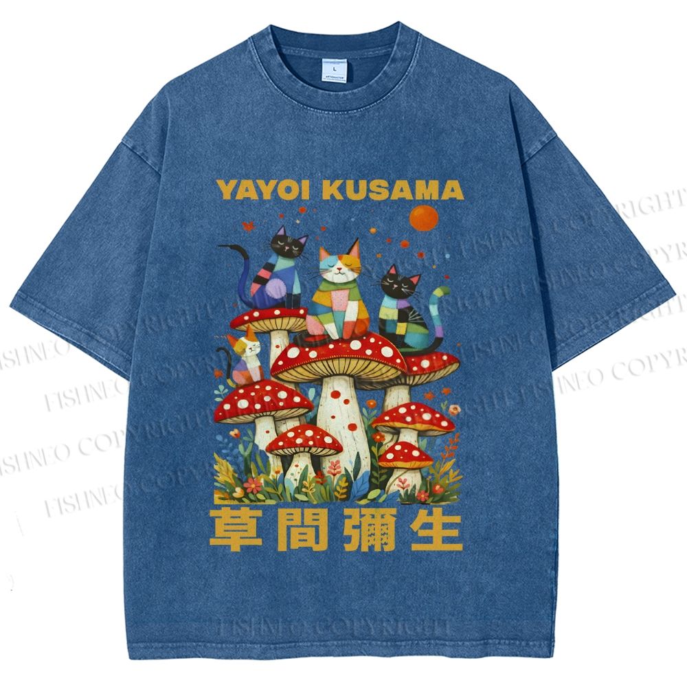 Unisex Yayoi Kusama Cats on Mushrooms Printed Washed Tee