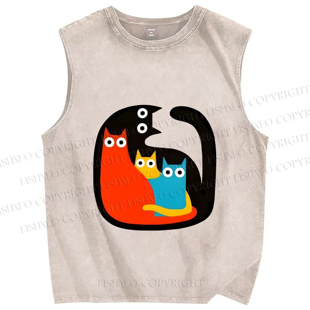 Unisex Cat in Cat Printed Washed Tank Top