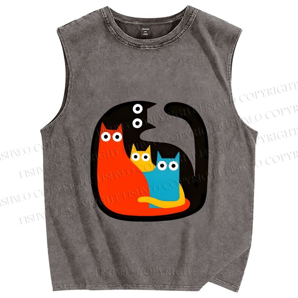 Unisex Cat in Cat Printed Washed Tank Top