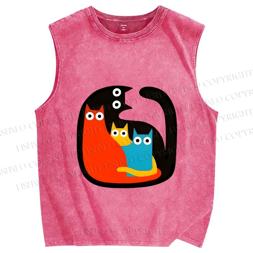 Unisex Cat in Cat Printed Washed Tank Top