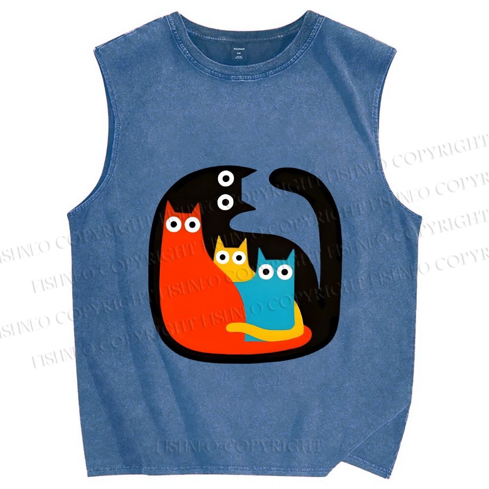Unisex Cat in Cat Printed Washed Tank Top