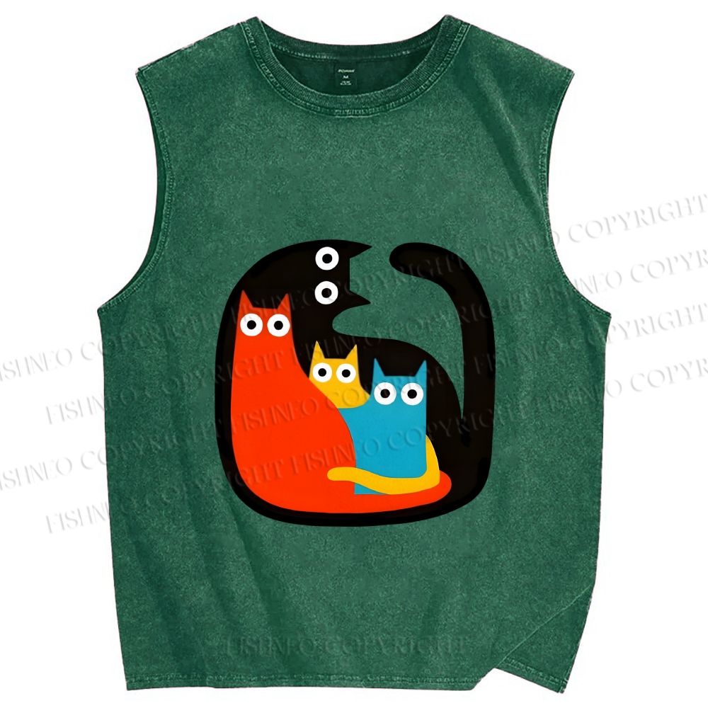 Unisex Cat in Cat Printed Washed Tank Top