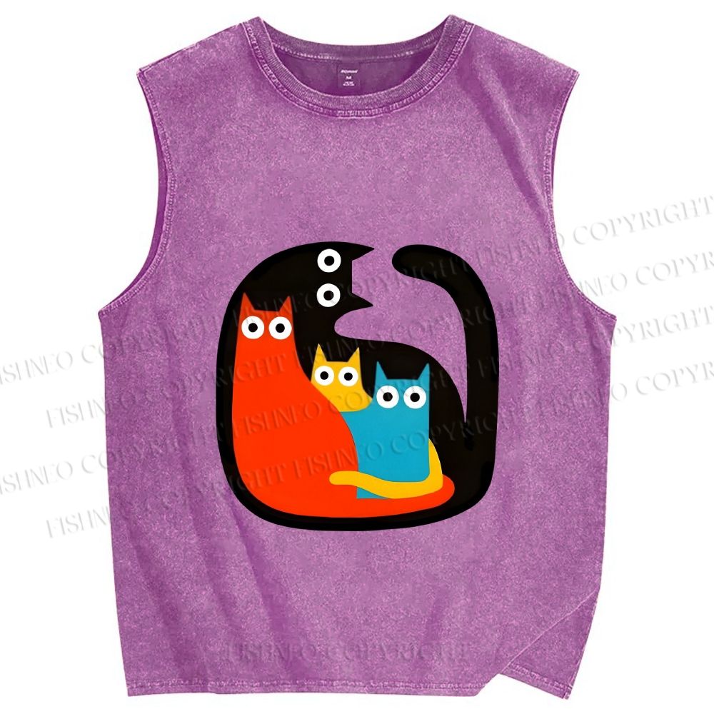 Unisex Cat in Cat Printed Washed Tank Top