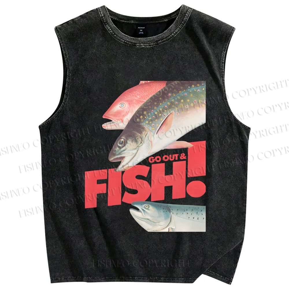 Unisex Go out and Fish Printed Washed Tank Top