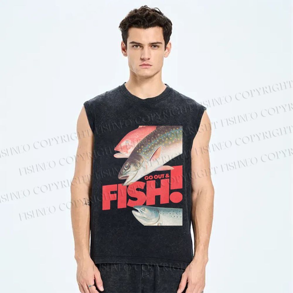 Unisex Go out and Fish Printed Washed Tank Top