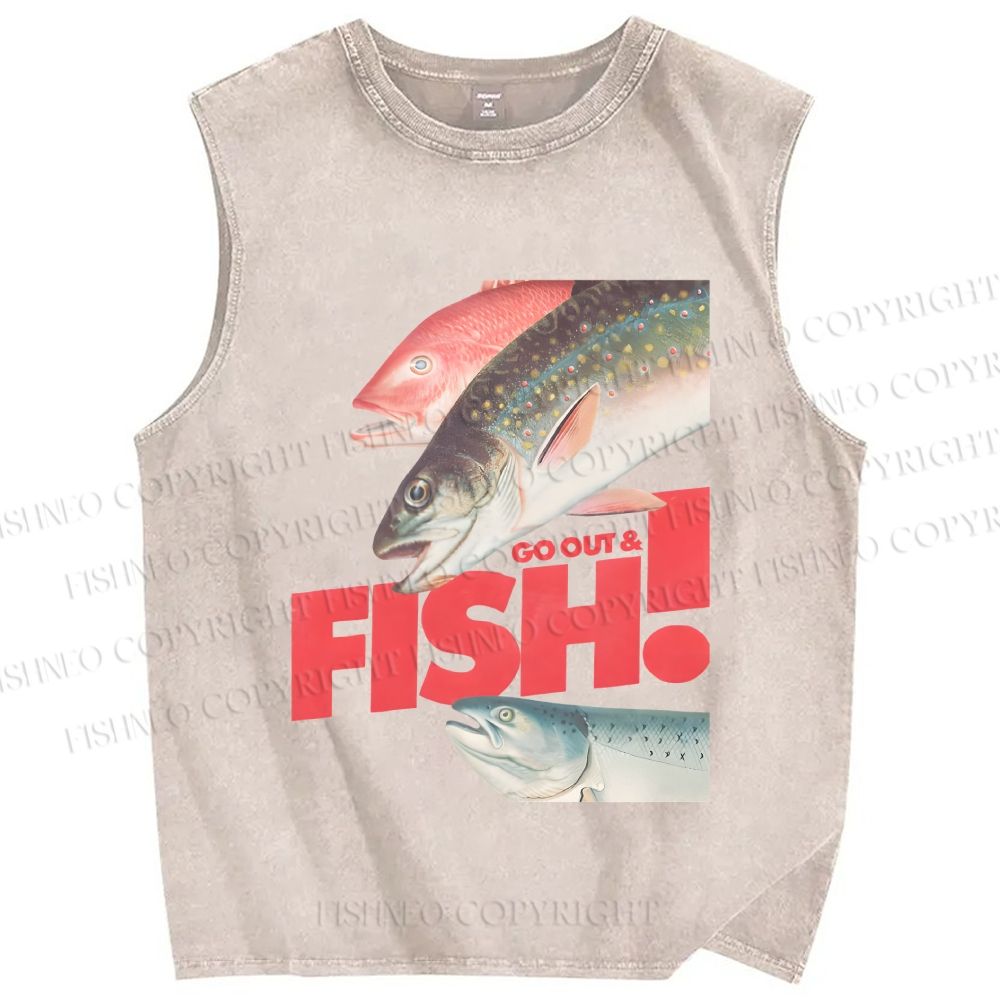 Unisex Go out and Fish Printed Washed Tank Top