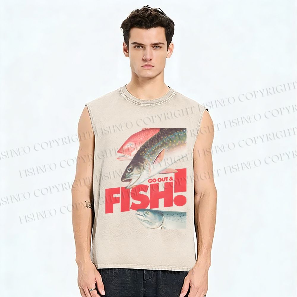 Unisex Go out and Fish Printed Washed Tank Top