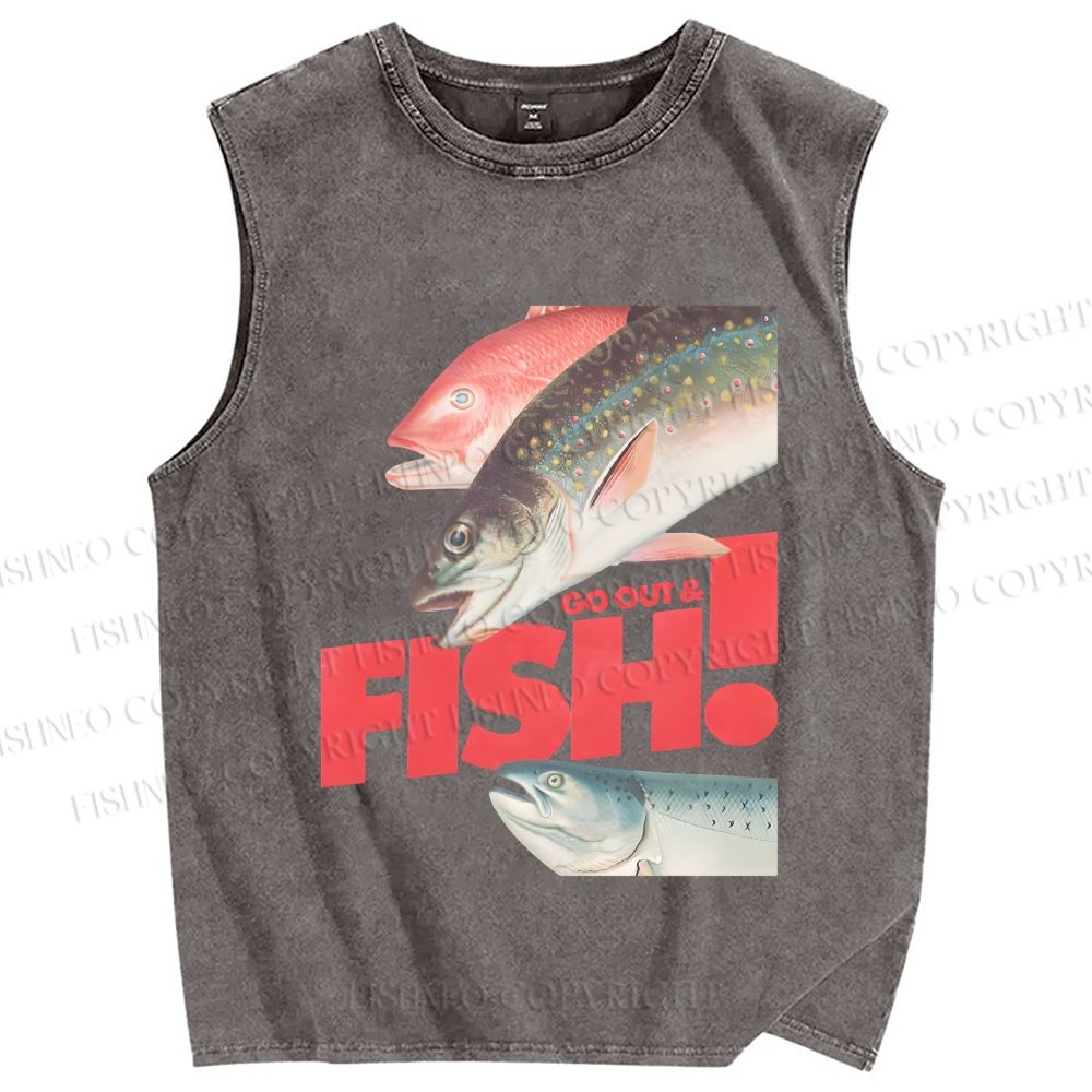 Unisex Go out and Fish Printed Washed Tank Top