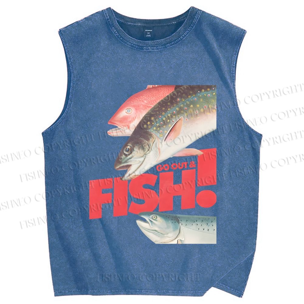 Unisex Go out and Fish Printed Washed Tank Top