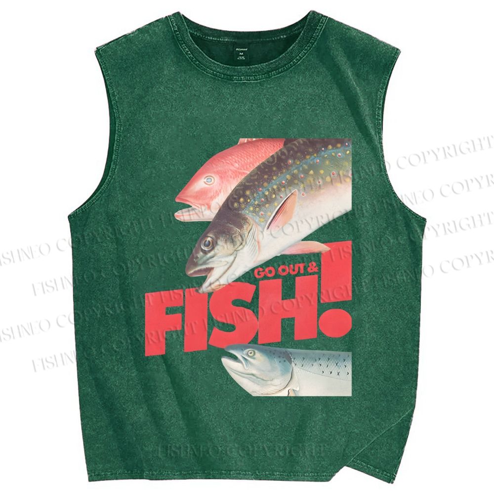 Unisex Go out and Fish Printed Washed Tank Top