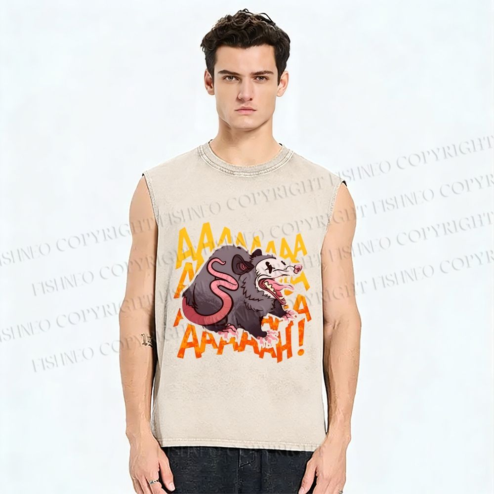 Unisex Crazy Opossum Screaming Printed Washed Tank Top