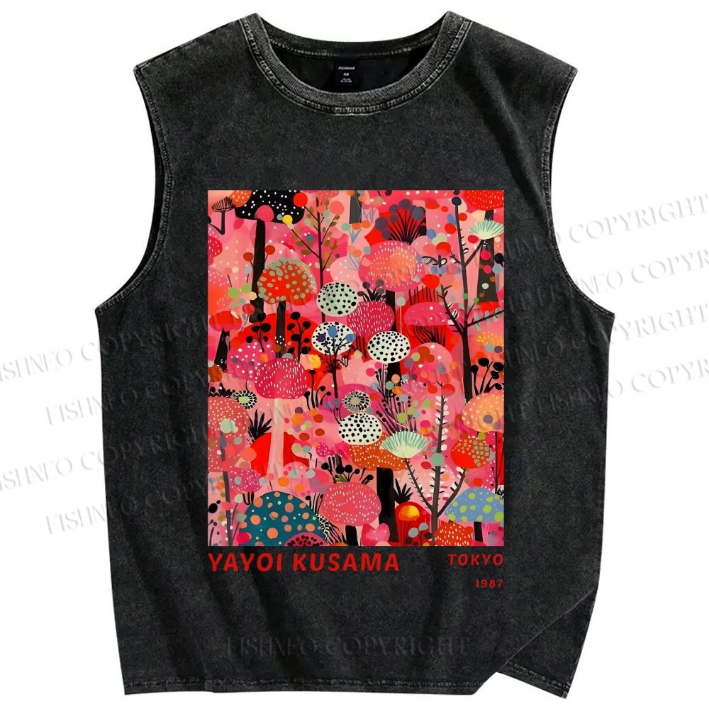 Unisex Yayoi Kusama Pink Wood Printed Washed Tank Top