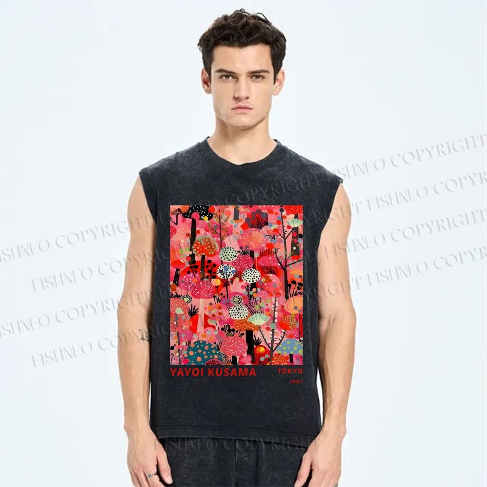 Unisex Yayoi Kusama Pink Wood Printed Washed Tank Top