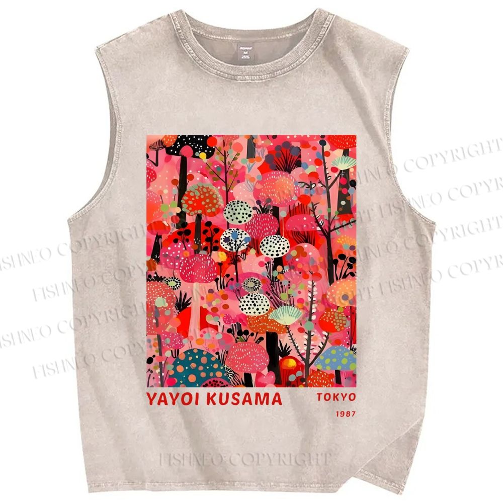 Unisex Yayoi Kusama Pink Wood Printed Washed Tank Top
