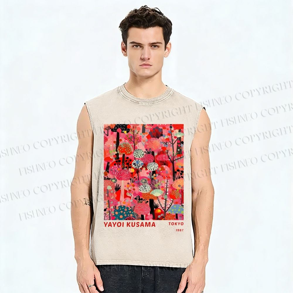 Unisex Yayoi Kusama Pink Wood Printed Washed Tank Top