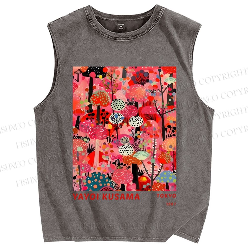Unisex Yayoi Kusama Pink Wood Printed Washed Tank Top