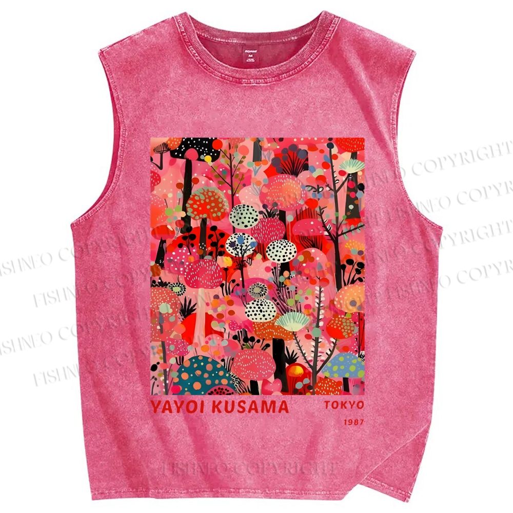 Unisex Yayoi Kusama Pink Wood Printed Washed Tank Top