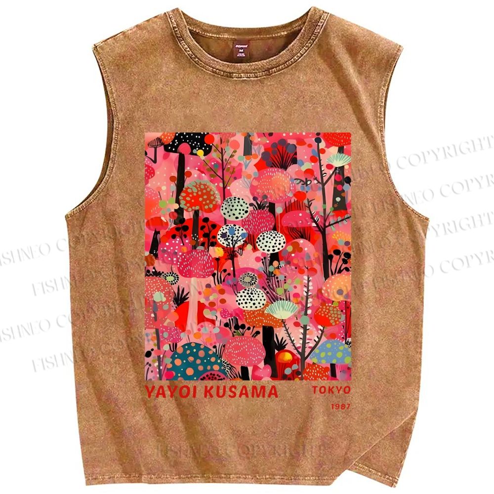 Unisex Yayoi Kusama Pink Wood Printed Washed Tank Top
