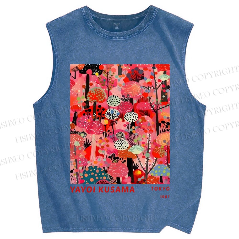 Unisex Yayoi Kusama Pink Wood Printed Washed Tank Top