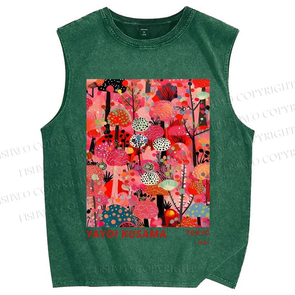 Unisex Yayoi Kusama Pink Wood Printed Washed Tank Top