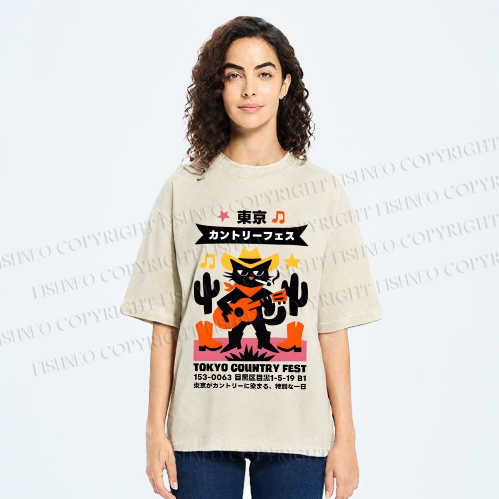 Unisex Black Country Cat Play Guitar Printed Washed Tee