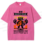 Unisex Black Country Cat Play Guitar Printed Washed Tee
