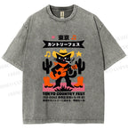 Unisex Black Country Cat Play Guitar Printed Washed Tee