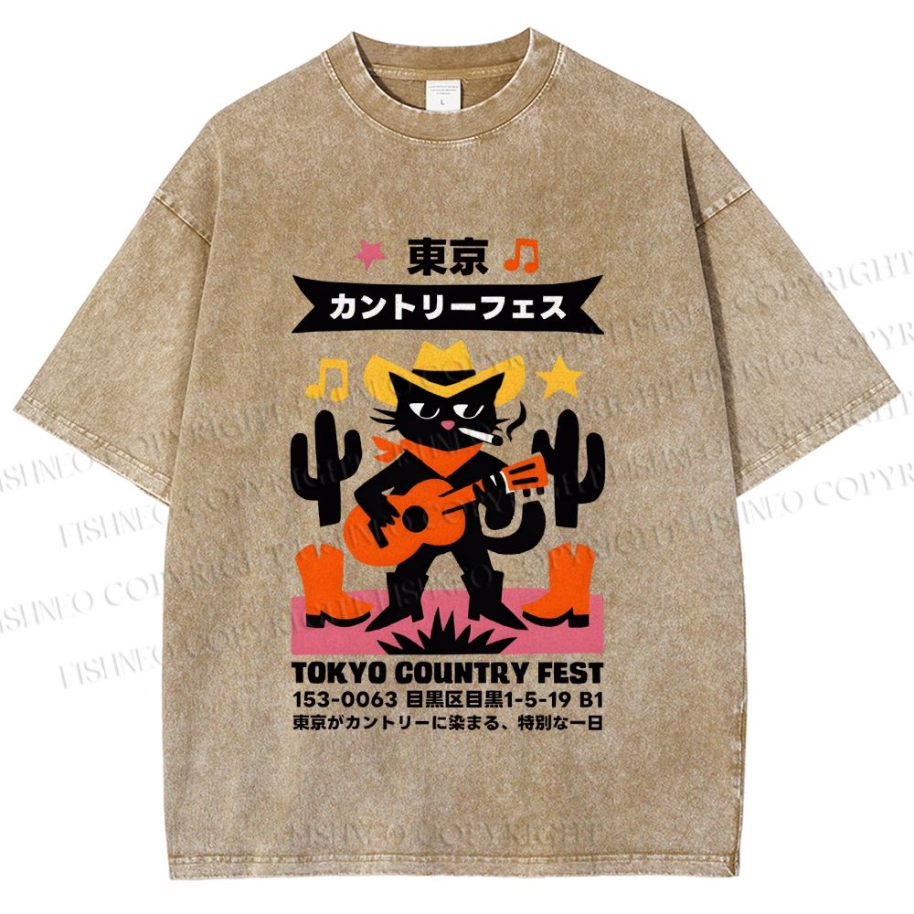 Unisex Black Country Cat Play Guitar Printed Washed Tee