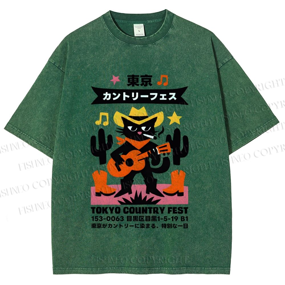 Unisex Black Country Cat Play Guitar Printed Washed Tee