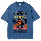 Unisex Black Country Cat Play Guitar Printed Washed Tee