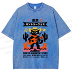 Unisex Black Country Cat Play Guitar Printed Washed Tee