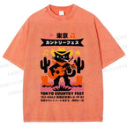 Unisex Black Country Cat Play Guitar Printed Washed Tee