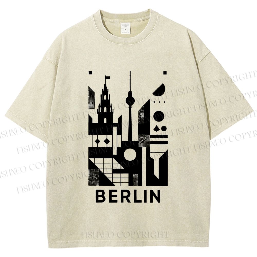 Unisex Geometric City Berlin Printed Washed Tee