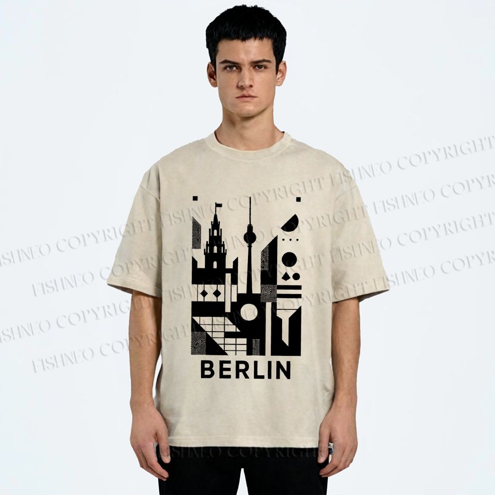 Unisex Geometric City Berlin Printed Washed Tee