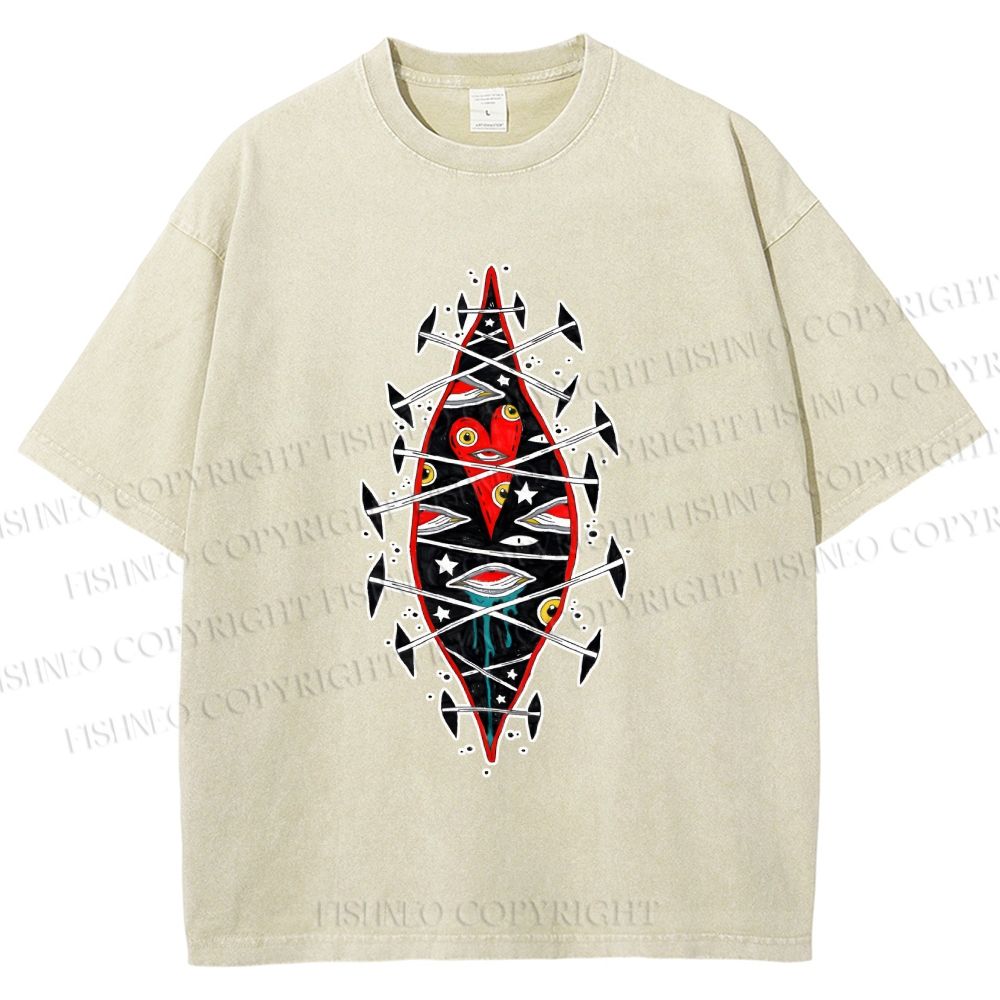 Unisex Spooky Eyes Heart Printed Washed Tee