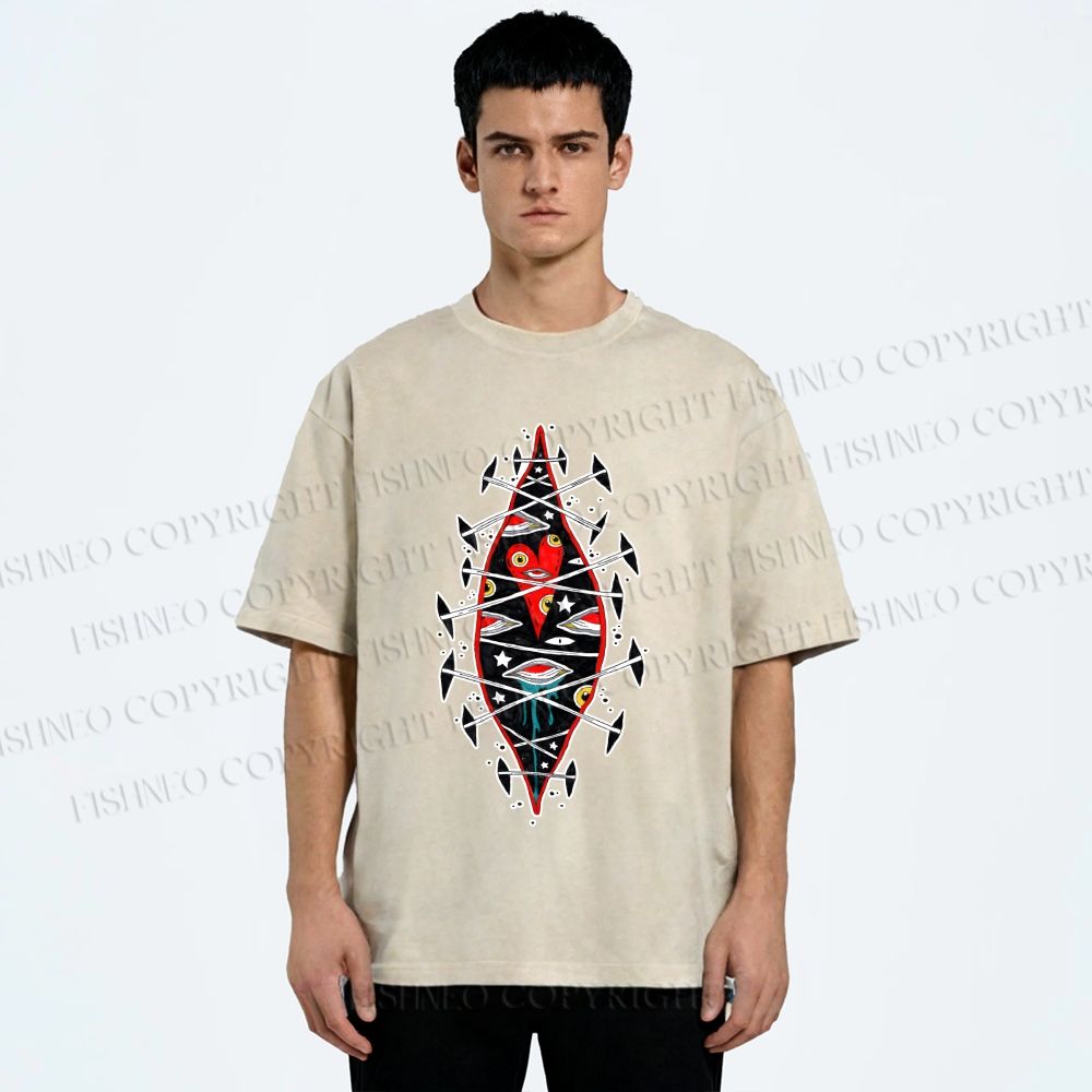 Unisex Spooky Eyes Heart Printed Washed Tee