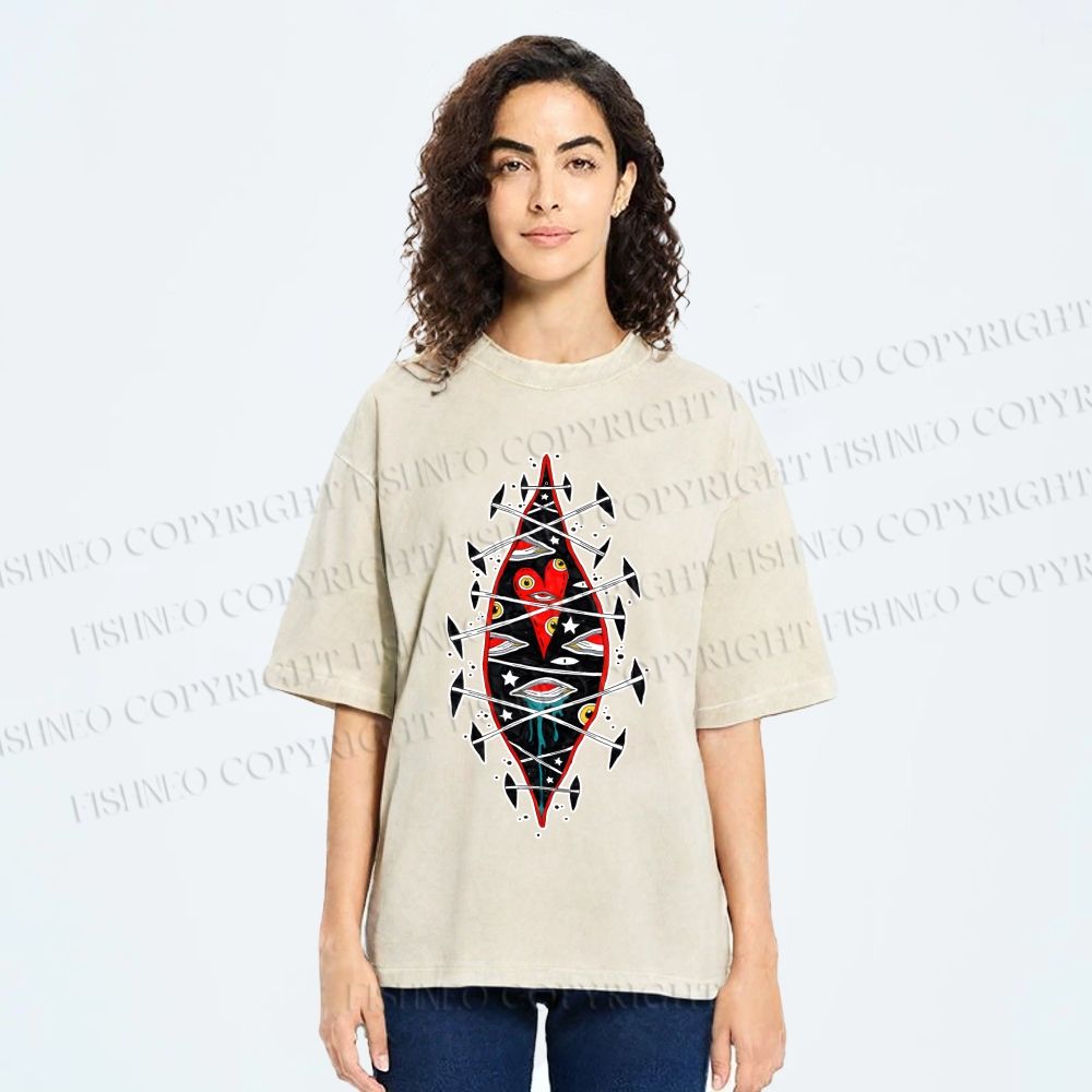 Unisex Spooky Eyes Heart Printed Washed Tee