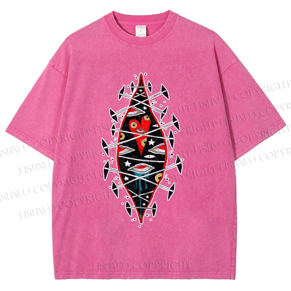 Unisex Spooky Eyes Heart Printed Washed Tee