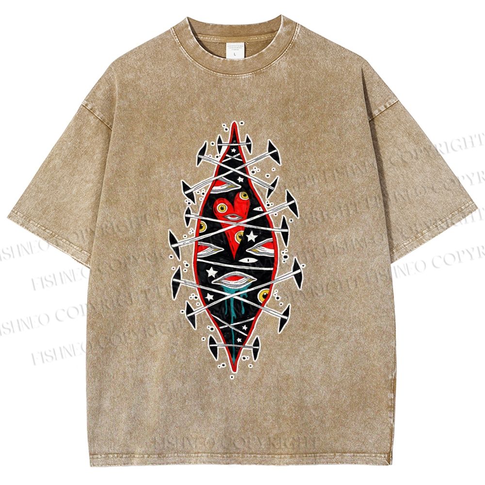 Unisex Spooky Eyes Heart Printed Washed Tee