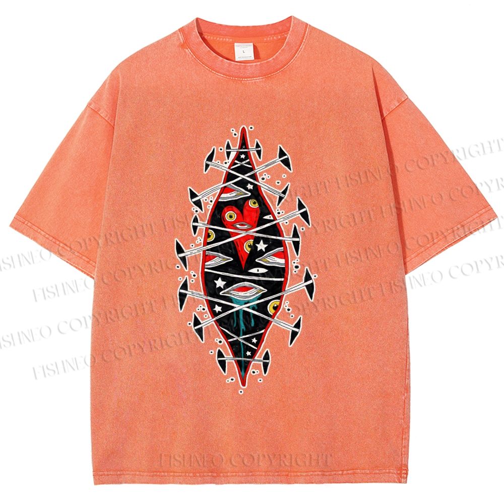 Unisex Spooky Eyes Heart Printed Washed Tee