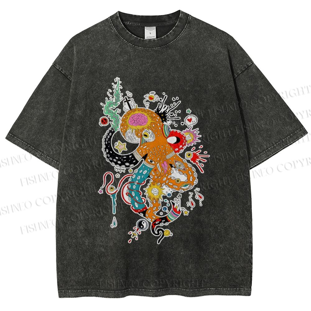 Unisex Multicolor Octopus Graffiti Printed Washed Tee