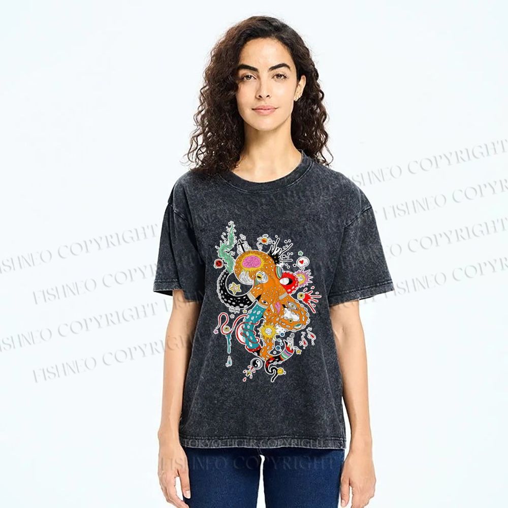 Unisex Multicolor Octopus Graffiti Printed Washed Tee