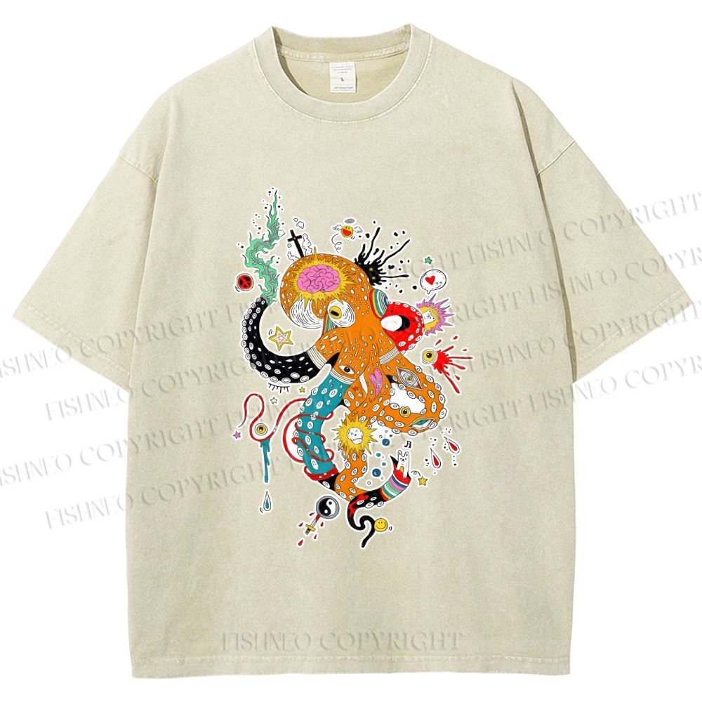 Unisex Multicolor Octopus Graffiti Printed Washed Tee