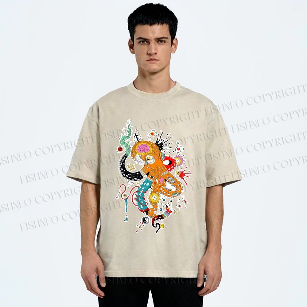 Unisex Multicolor Octopus Graffiti Printed Washed Tee