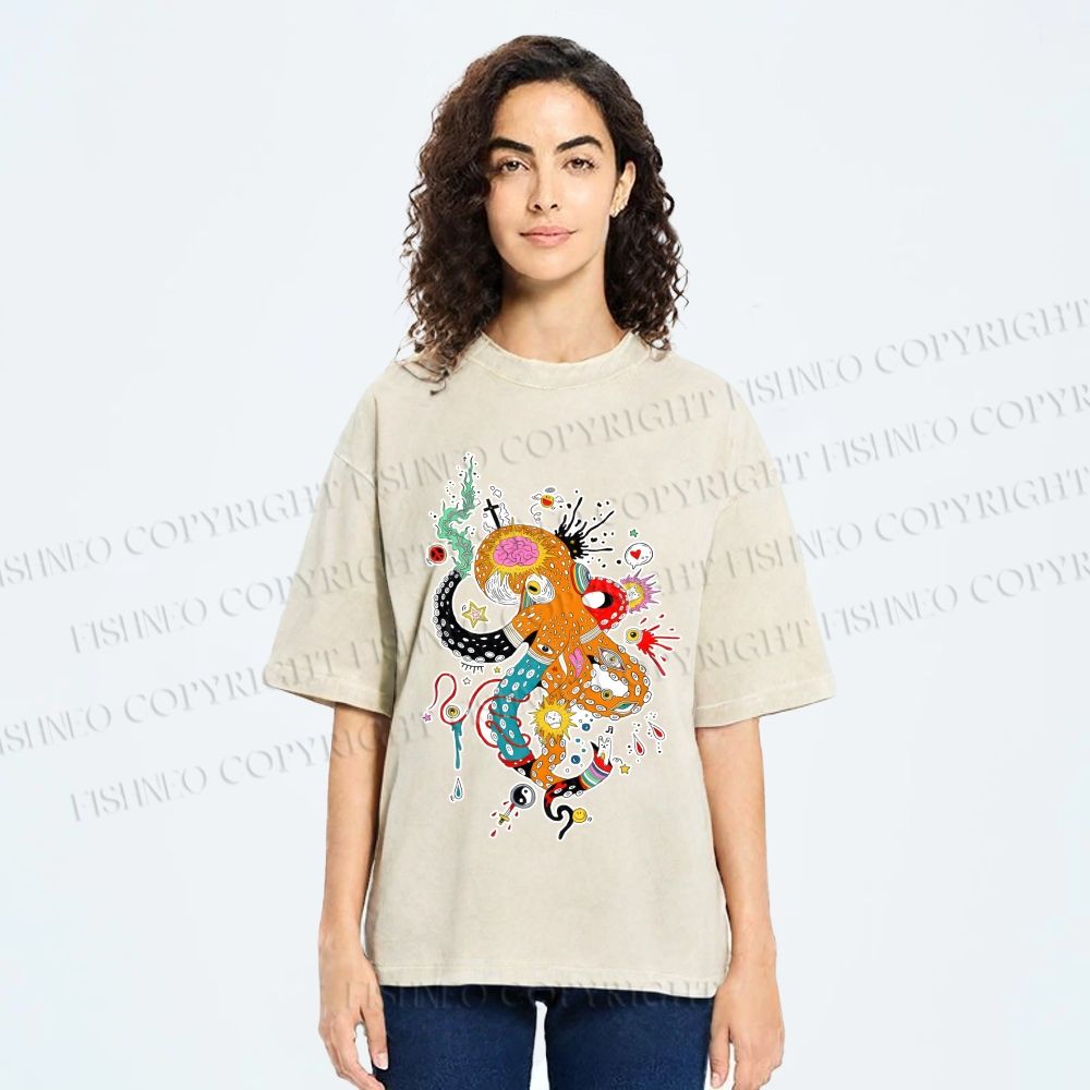 Unisex Multicolor Octopus Graffiti Printed Washed Tee
