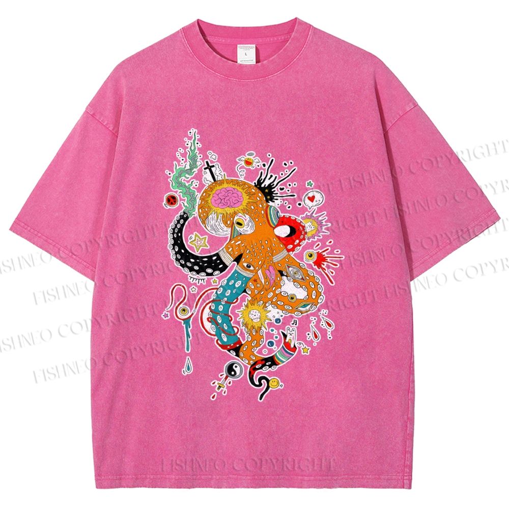 Unisex Multicolor Octopus Graffiti Printed Washed Tee