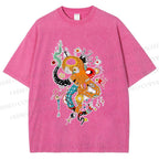 Unisex Multicolor Octopus Graffiti Printed Washed Tee