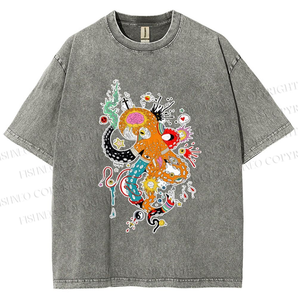 Unisex Multicolor Octopus Graffiti Printed Washed Tee