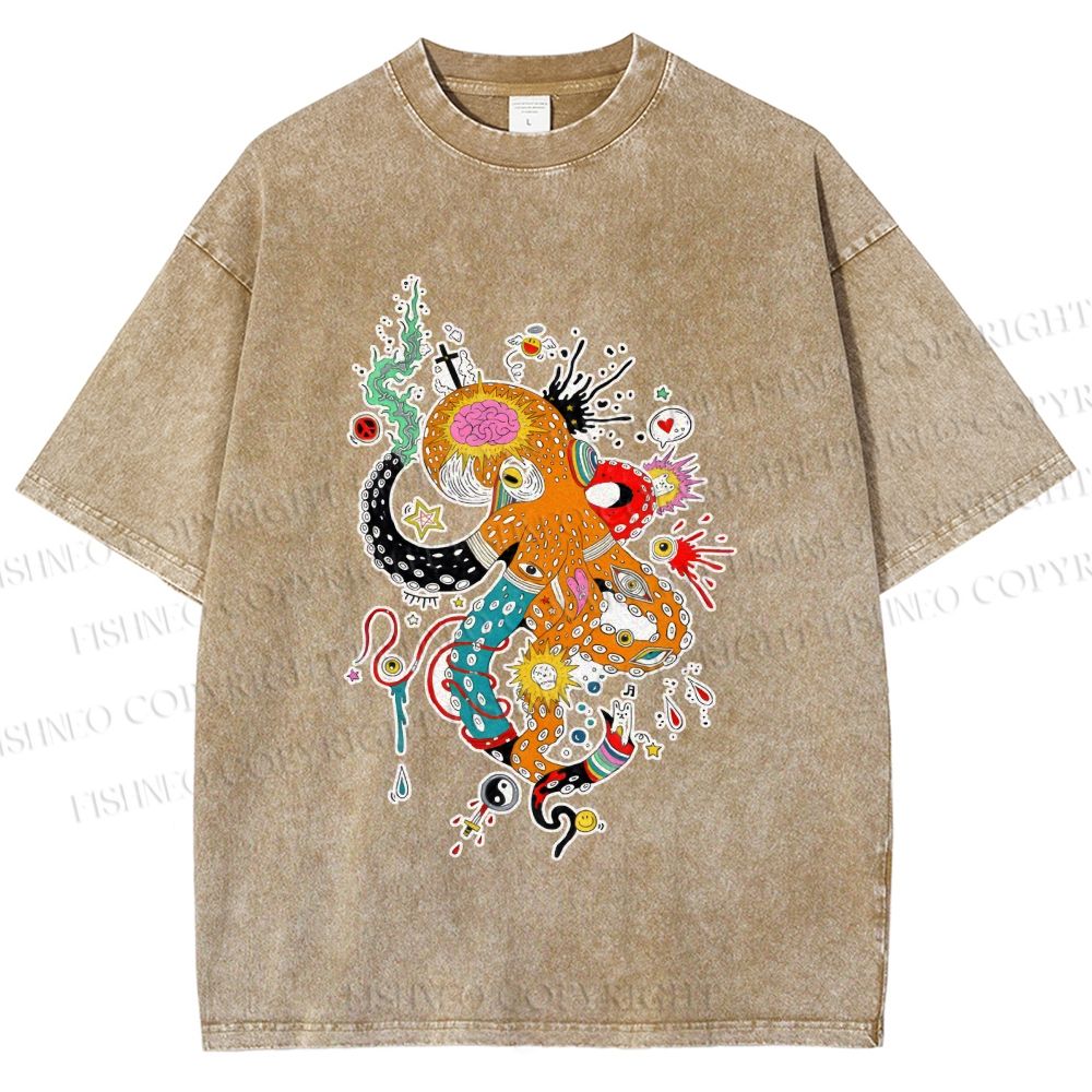 Unisex Multicolor Octopus Graffiti Printed Washed Tee